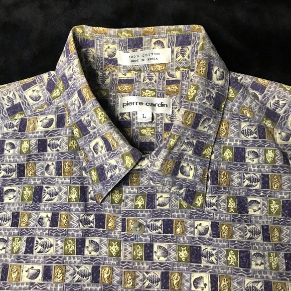Pierre Cardin 100% Cotton Short SleeveShirt LG Resortwear Blue Gray Yellow NWOT - Picture 3 of 10